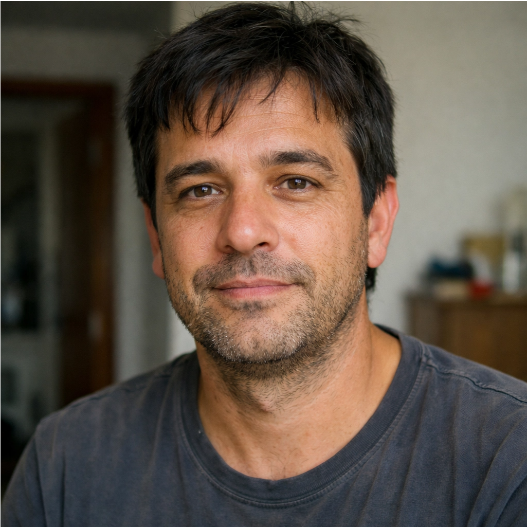 40-year-old man with a natural look, Ben T, giving a testimonial for a prostate health supplement.