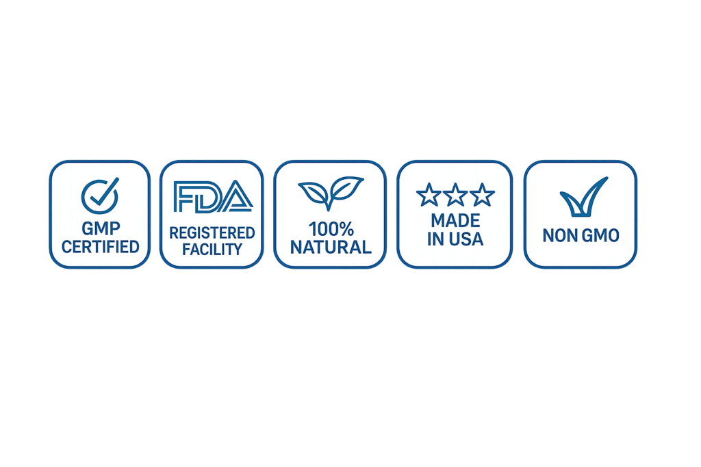 CitrusBurn supplement certifications including GMP Certified, FDA Registered Facility, 100% Natural, Made in USA and Non-GMO badges