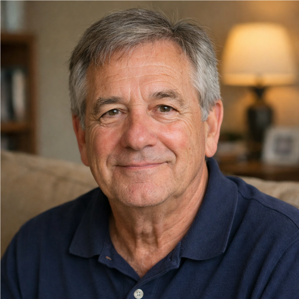 65-year-old man with gray hair, Jonathan S, smiling naturally for a health product testimonial