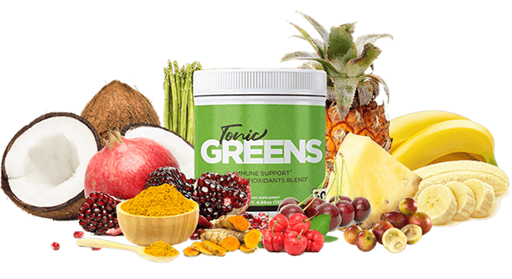 Super greens powder supplement with tropical fruits and antioxidants for immune support and daily nutrition